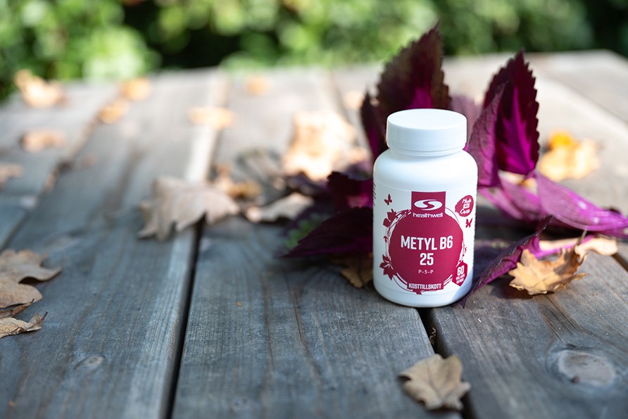 Healthwell Methyl B6 25 står på en træbænk udendørs, omgivet af lilla blade og efterårsblade. Solen skinner på bordet. Healthwell Methyl B6 25 står på en træbænk udendørs, omgivet af lilla blade og efterårsblade. Solen skinner på bordet.